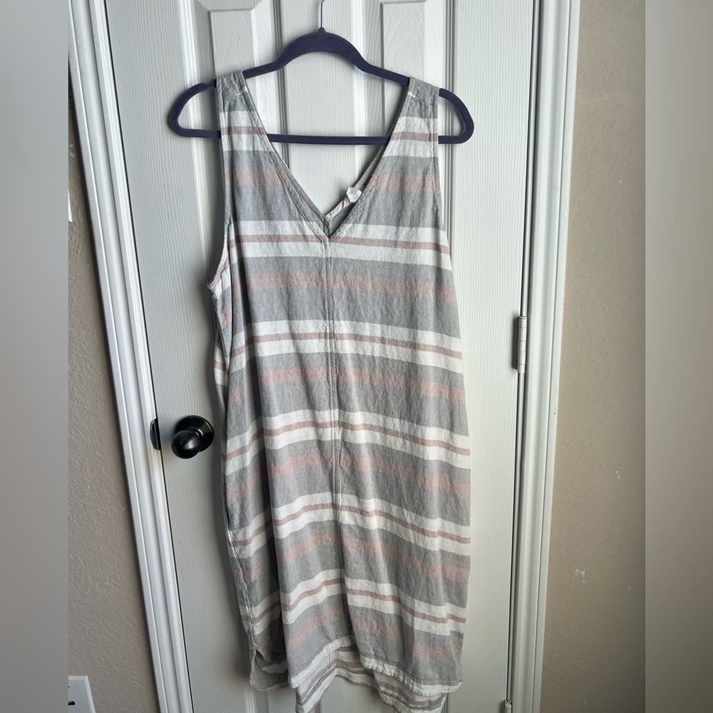 LOFT Gray and Pink Striped Midi Dress